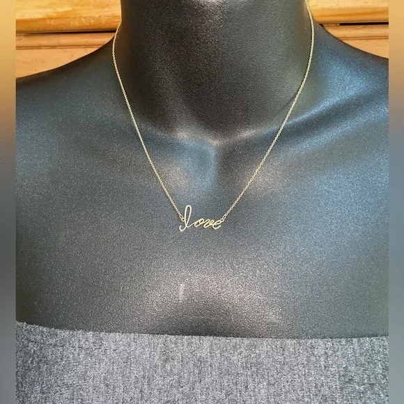 Solid Stamped14K Yellow Gold Word LOVE Cursive Script Text Necklace